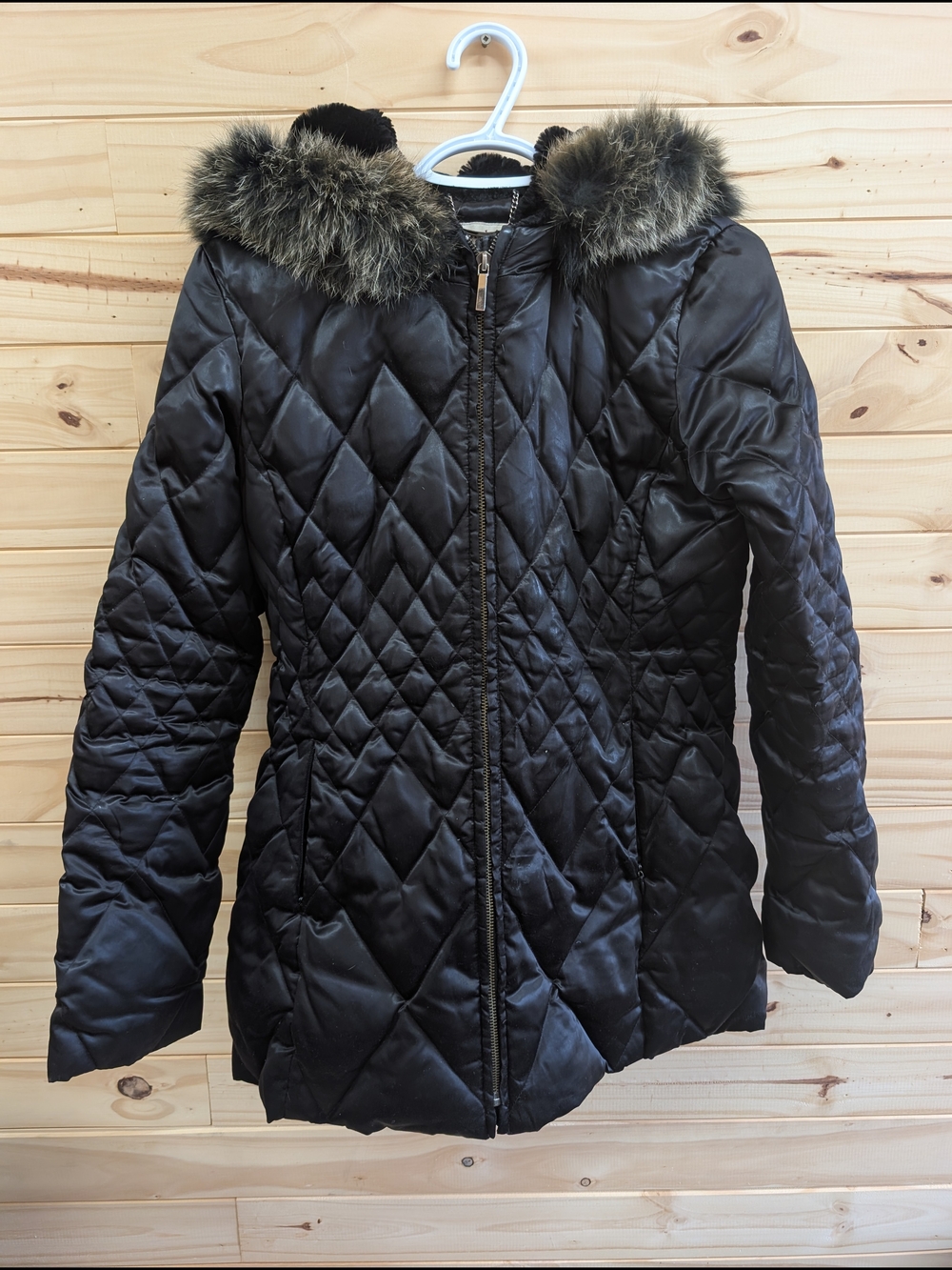 Laundry by Design Black Quilted Hooded Puffer with Faux Fur Trim